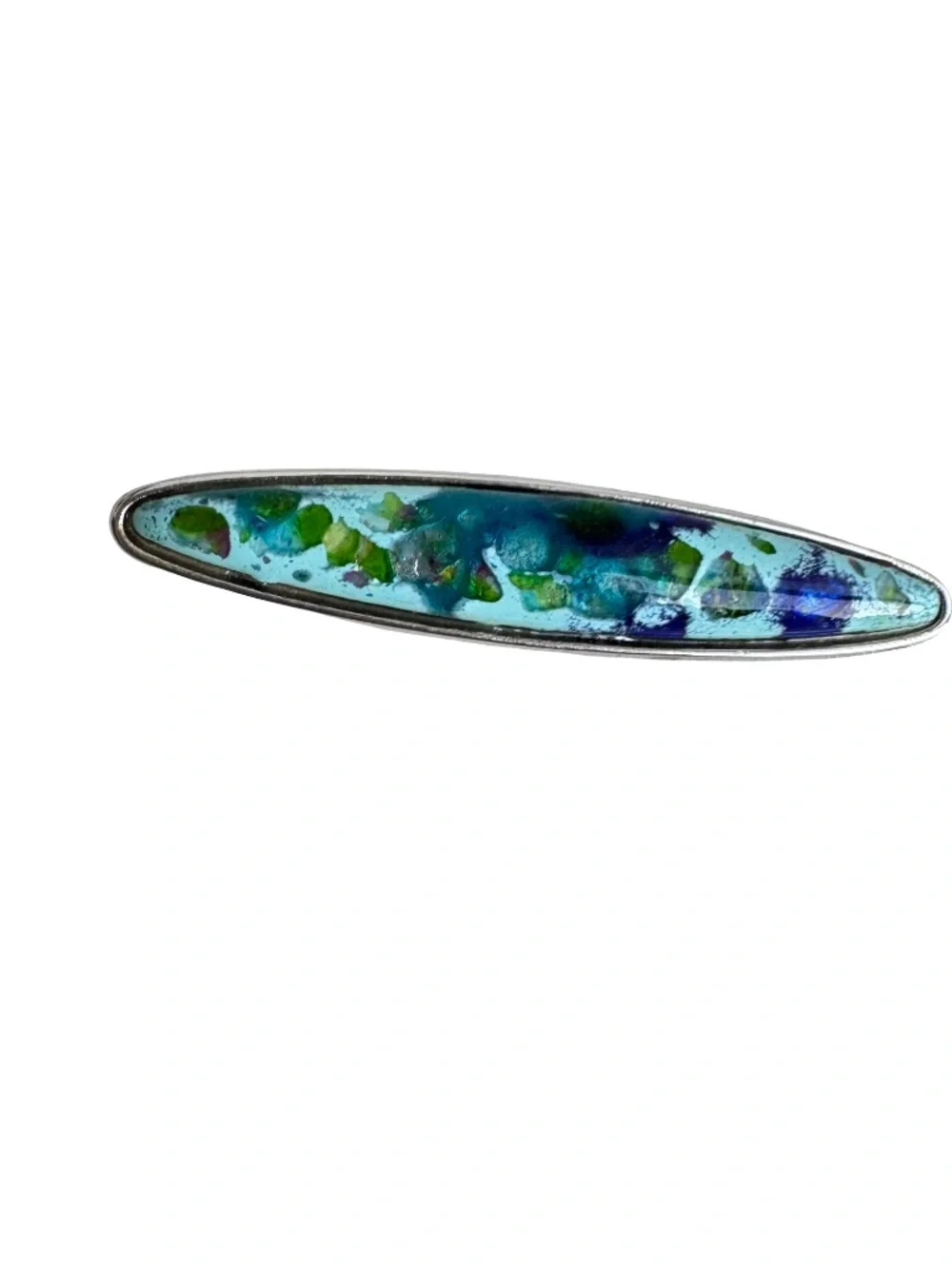 Vintage Japanese Cloisonne Tie Clip Blue Green Abstract Enamel Silver Tone Bar